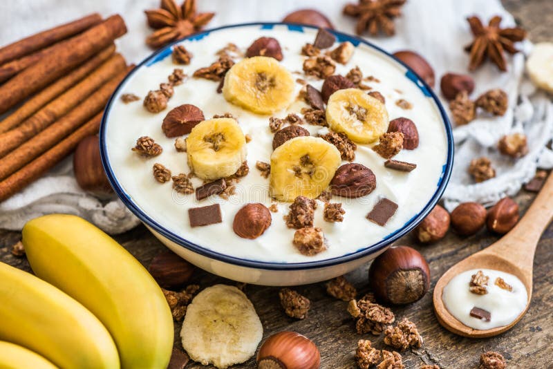 Yogurt with Muesli, Banana and Nuts Stock Photo Image of delicious