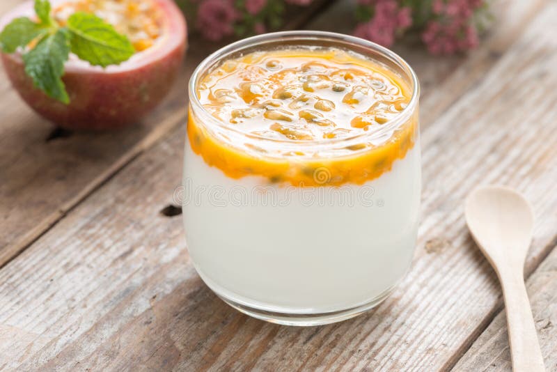 Yogurt with passion fruit. stock photo. Image of sauce 63166844