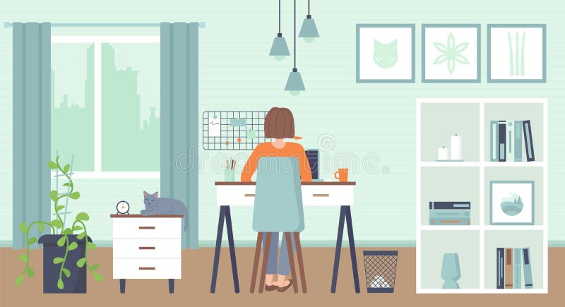 Yong-Frau, die zu Hause an einem Computer sitzt Gemütliches Interieur Home Office, Working home, Freelance, Remote Work-Konzept lizenzfreie abbildung