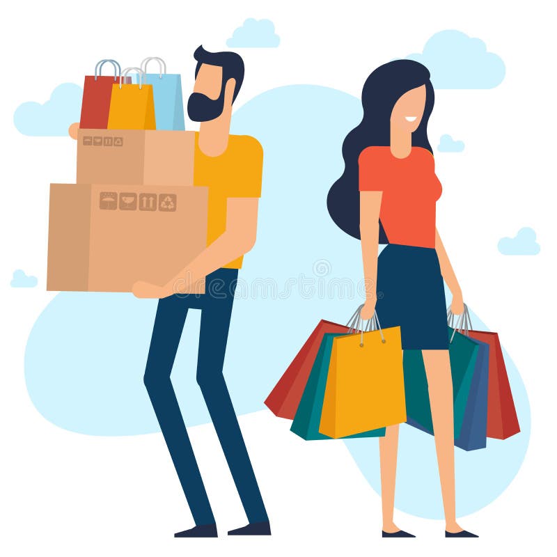 Yong Man and Woman at Shopping. Stock Vector - Illustration of customer,  gift: 128151131