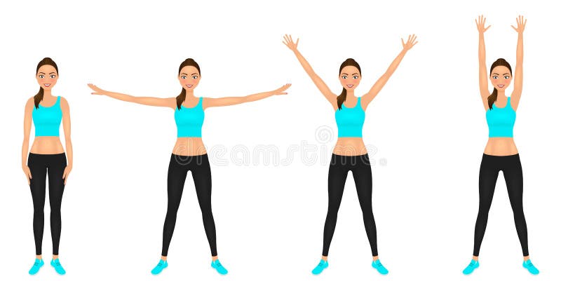 Smiling Yong woman make hands up and hands to the sides exercises. Fit girl in leggings and blue crop top. Vector character. royalty free illustration