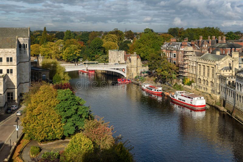 Aerial view of river Ouse passing through York city in England. Aerial view of river Ouse passing through York city in England