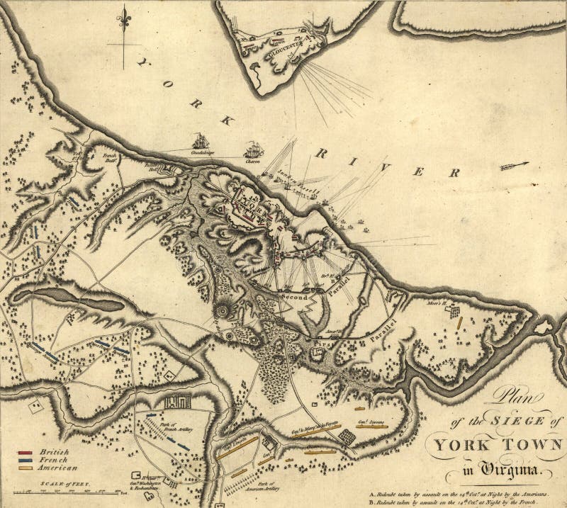 Map of the Siege of Yorktown, Virginia, 1781, from Atlas of the battles of the American Revolution printed in 1845. Map of the Siege of Yorktown, Virginia, 1781, from Atlas of the battles of the American Revolution printed in 1845