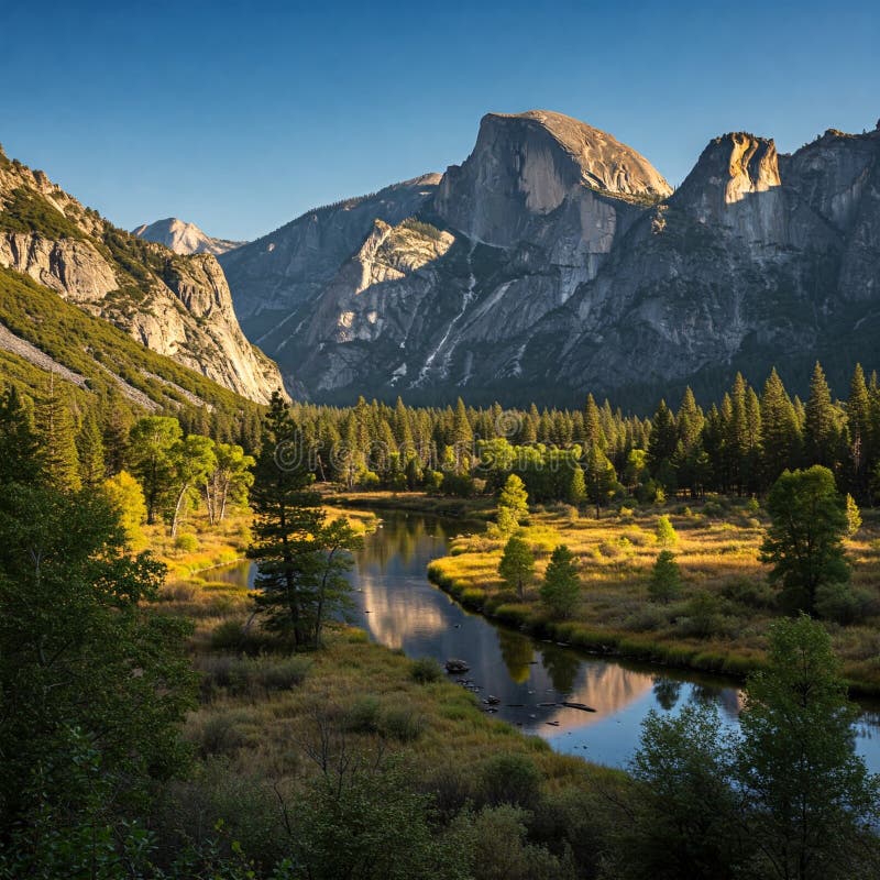 Yosemite Half Dome Reflection Arbori De Râu Generați Cu AI royalty free illustration