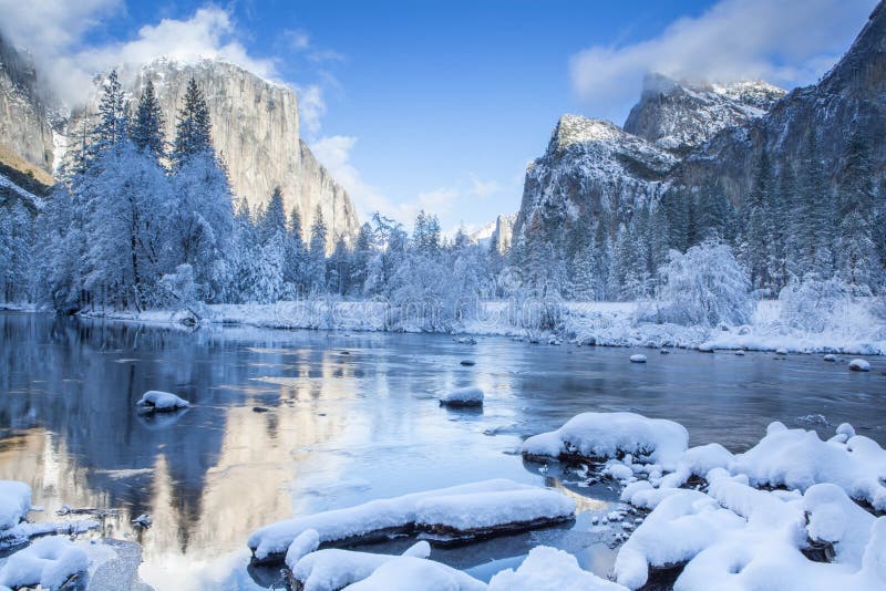 Yosemite Valley Merced River. Serene winter scene. Long Exposure stock images