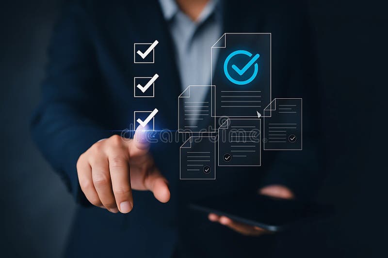 Digital Checklist and Document Verification Concept with Touchscreen Interface for Efficient Business Workflow and Task Management royalty free illustration