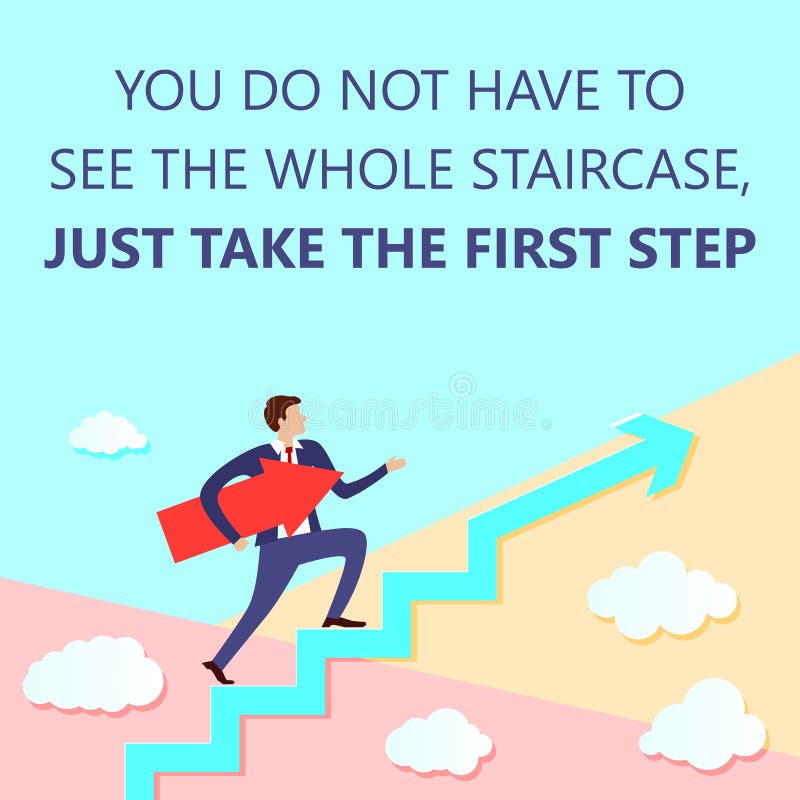 You do not have to see whole staircase just take first step with businessman stands on growing up Arrow and points forward in