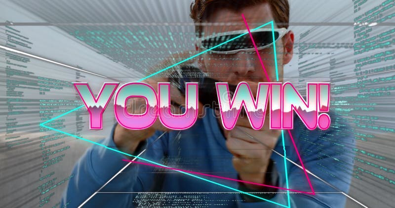 You win! on game interface and data processing over a man wearing vr glasses and using a controller stock image
