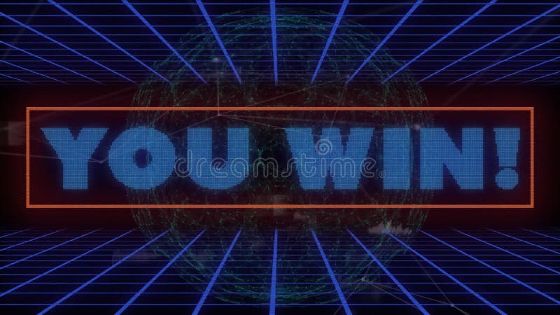 You win! text animation over grid and globe with blue lines stock illustration