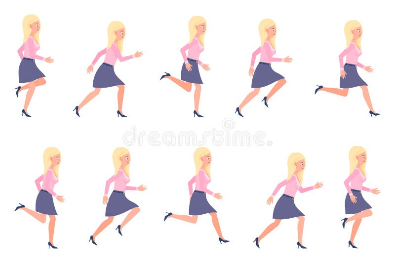 Young, adult blonde woman running sequence poses vector illustration. Fast moving forward, hurry female person cartoon character royalty free illustration Young, adult blonde woman running sequence poses vector illustration. Fast moving forward, hurry female person cartoon character royalty free illustration