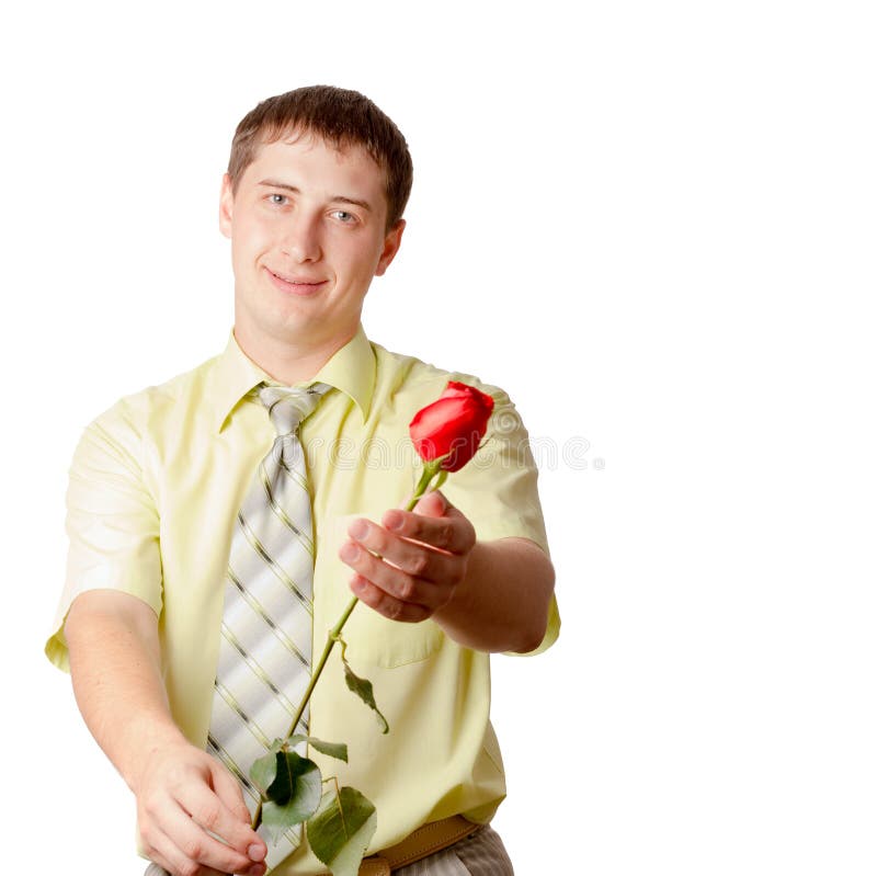 Young adult man with red rose
