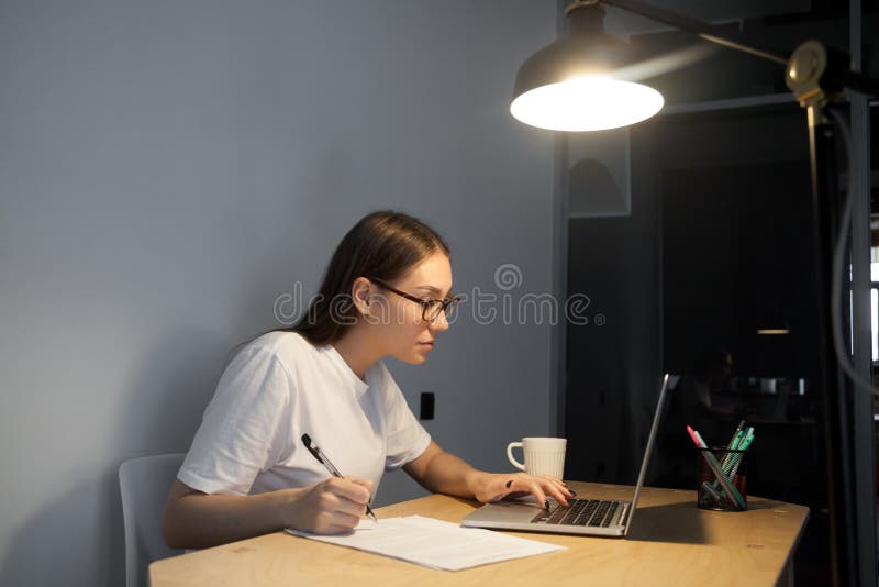 Young adult woman read contract on laptop computer making notes. stock photography Young adult woman read contract on laptop computer making notes. stock photography
