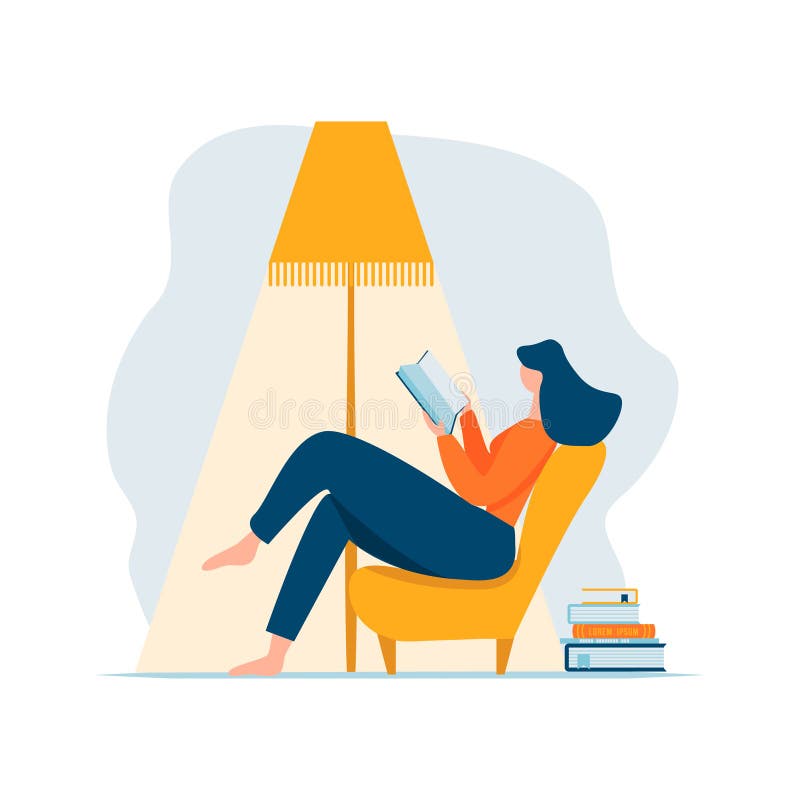 Young adult woman reading book relaxing sitting in chair under lamp and stack of books. Cartoon female character reclining on sofa and having rest at home. Flat illustration