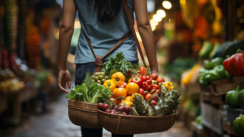 Young Woman Shopping in a Farmers Market Carrying a Basket of Organic Fresh Fruits and a Colorful Vegetables. Generative AI