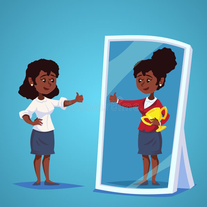 Young African American Businesswomen Standing In Front Of A Mirror Looking At Her Reflection And Imagine Herself Successful Busi Stock Illustration Illustration Of Goal Office