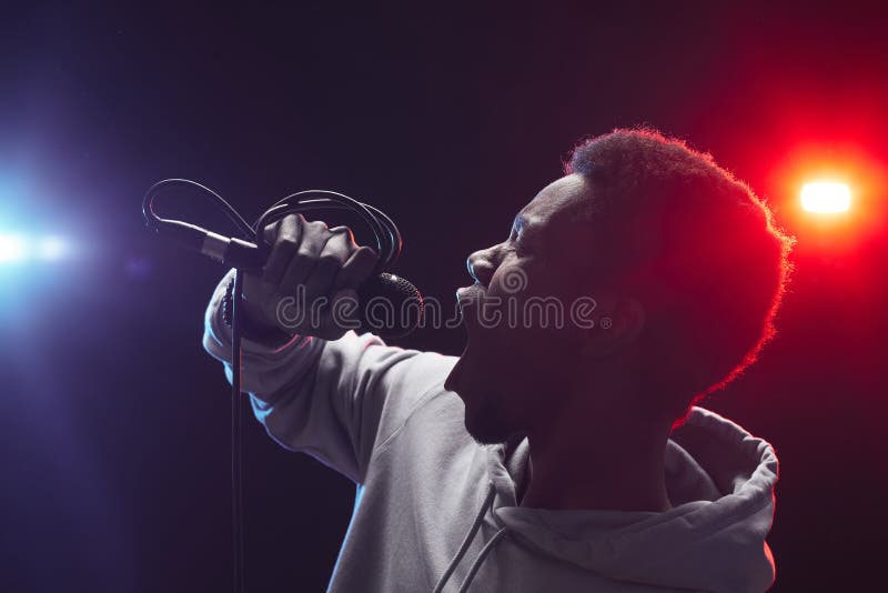 Seite Porträt jung mann Singen auf der Mikrofon emotional während stehen auf der Phase die Lichter.