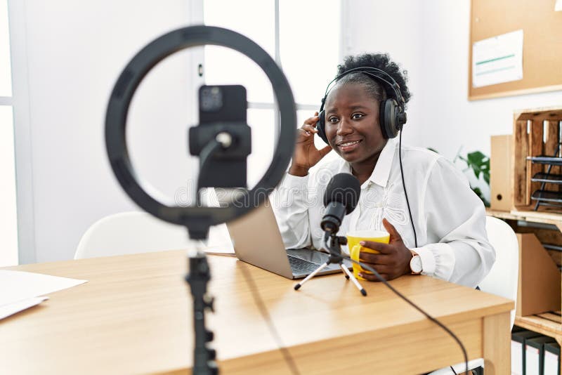 Young African American Woman Broadcaster Smiling Confident Having Video ...