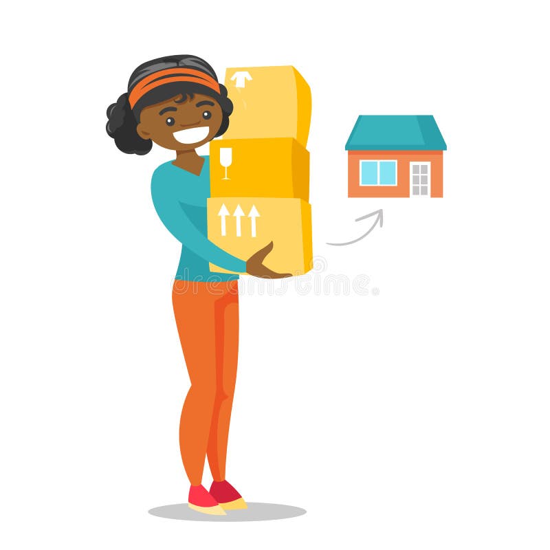 Young african-american woman moving to a new house and carrying boxes. New homeowner holding cardboard boxes. Vector cartoon illustration isolated on white background. Square layout.