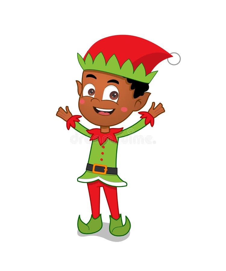 Young African ethnicity elf child in costume pointy ears waving stock illus...