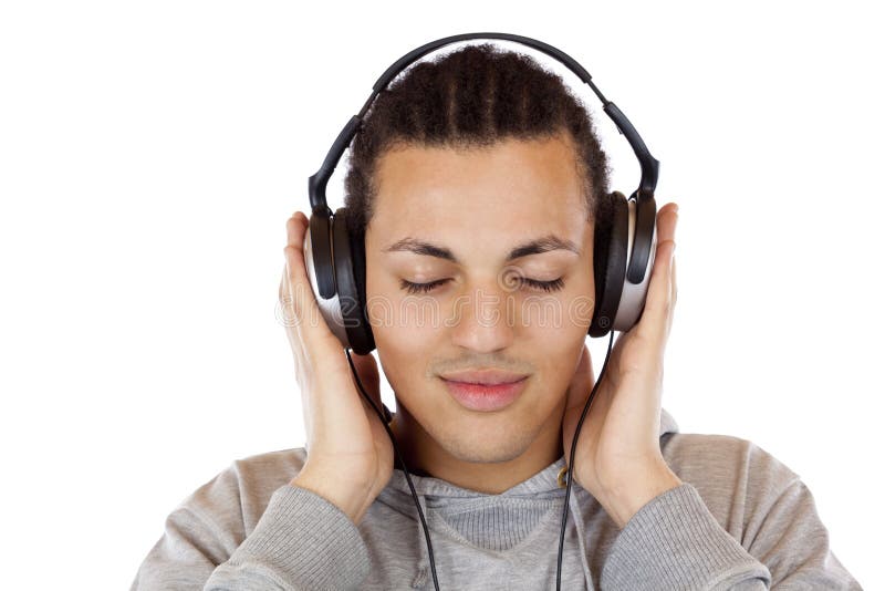 Young african man listens relaxed to mp3 music