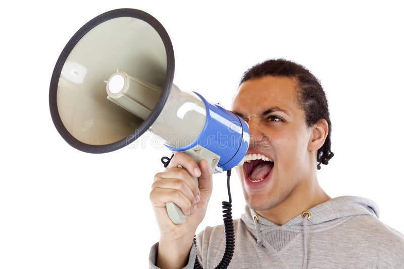 Young, african man screams loudly in megaphone