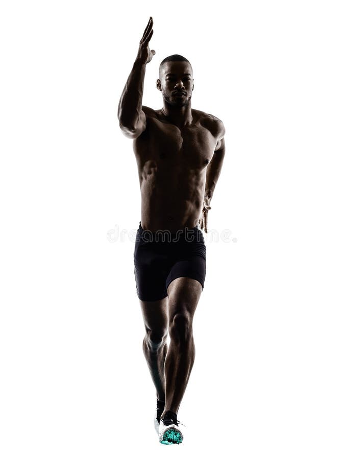 Young african muscular build man jumping running silhouette