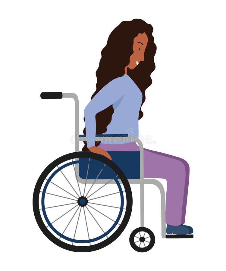 Young afro american woman sitting in wheelchair isolated on white background. Happy girl with curly long hair and physical disability in flat cartoon style. Vector illustration