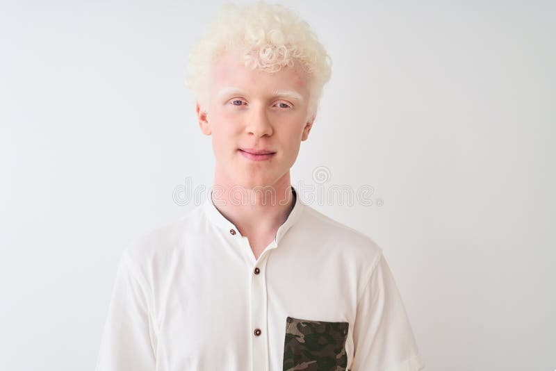 Young albino blond man wearing casual shirt standing over isolated white background with a confident expression on smart face