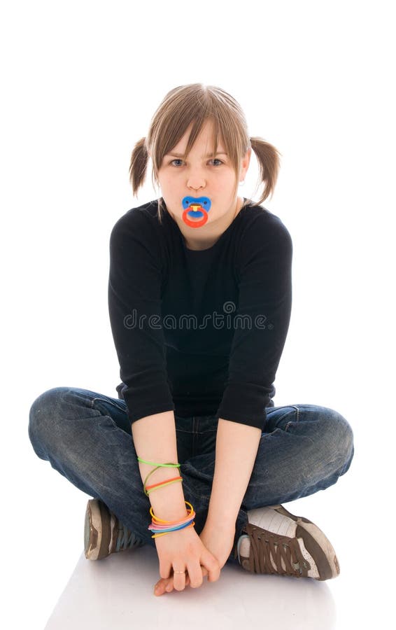 The Young Amusing Girl with a Dummy Isolated Stock Photo Image of