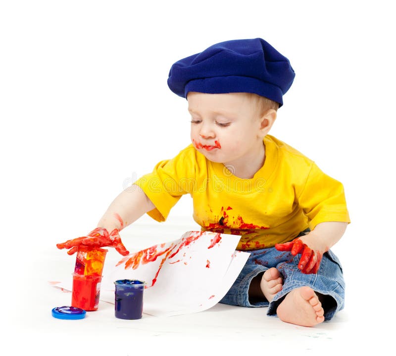 Young artist child with paints royalty free stock image