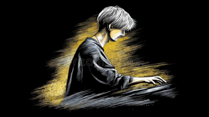 Young Artist Creating Innovative Digital Artwork in Dark Atmosphere with Dynamic Yellow Background vector illustration