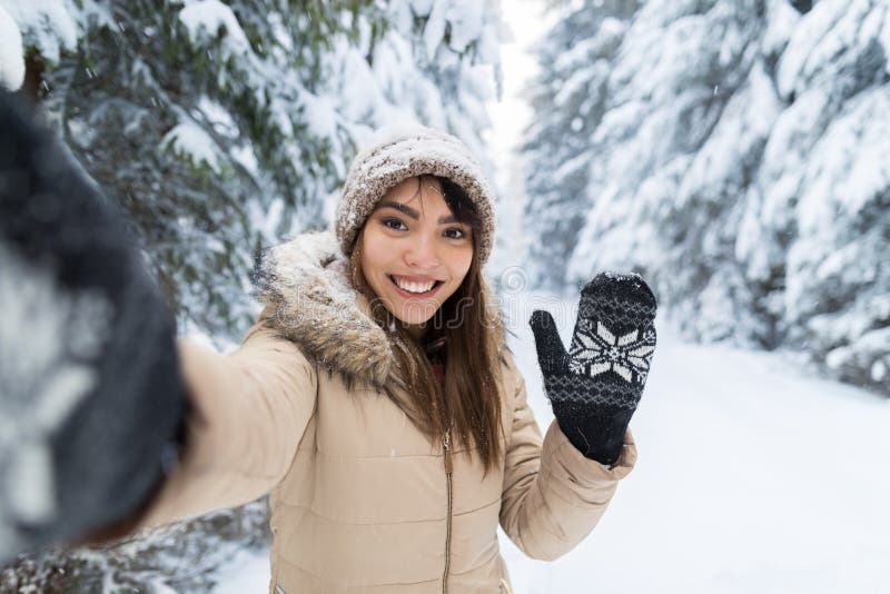 Young Asian Beautiful Woman Smile Camera Taking Selfie Photo In Winter Snow Forest Girl Outdoors