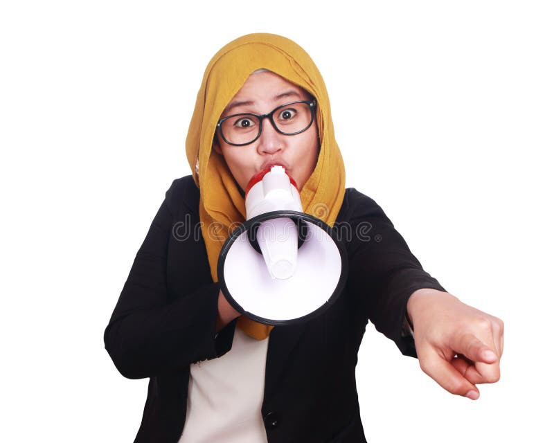 Young Asian businesswoman wearing suit and hijab screaming using a megaphone. Isolated on white. Close up body portrait. Young Asian businesswoman wearing suit and hijab screaming using a megaphone. Isolated on white. Close up body portrait