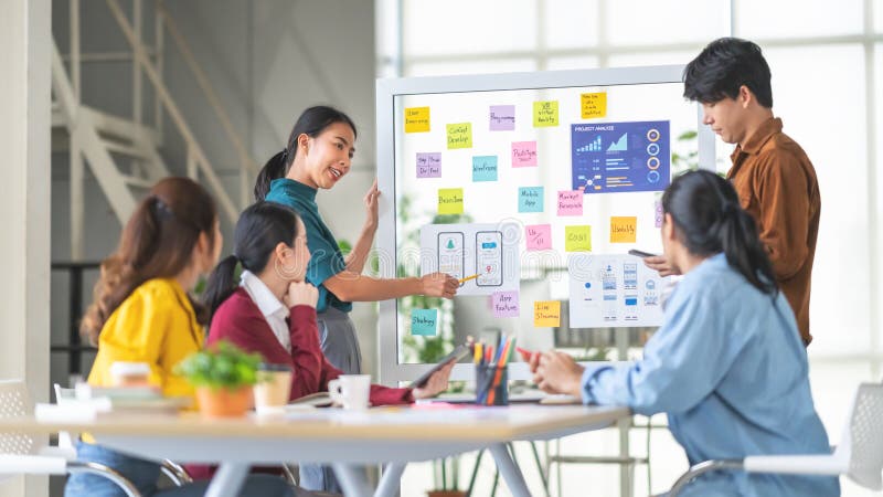 Asian woman leading business creative team in mobile application software design project. Brainstorm meeting, work together royalty free stock photos