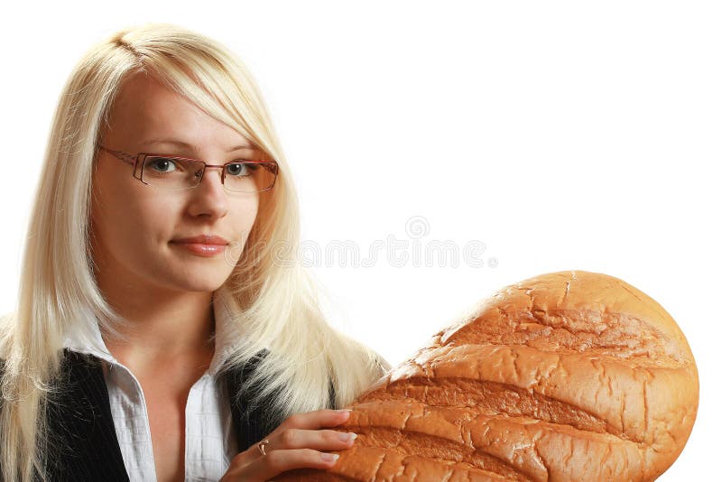 A young attractive business woman with big bread