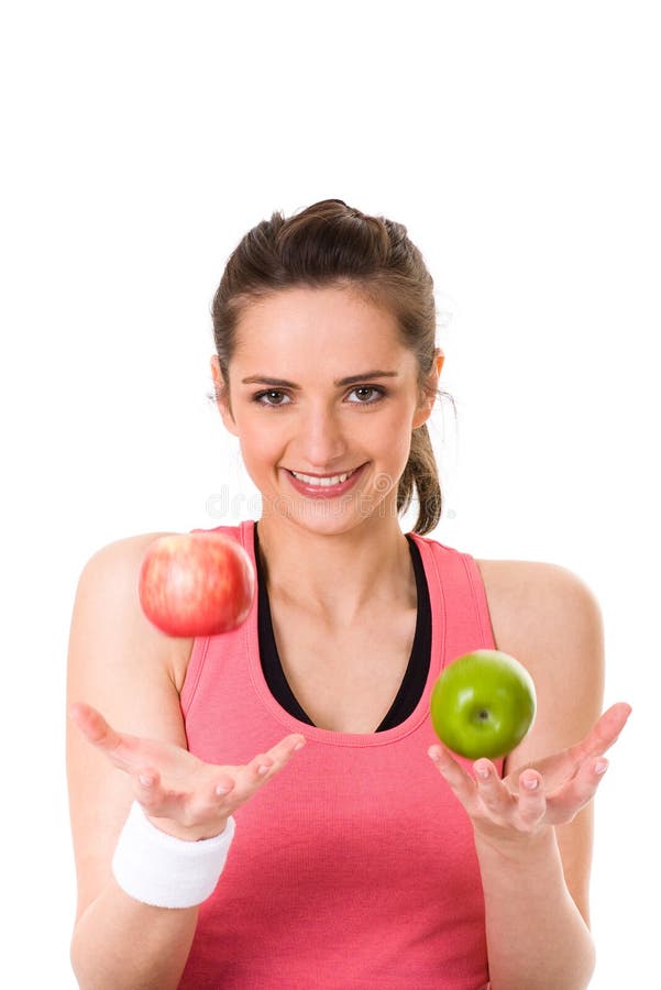 Young attractive female with red and green apple