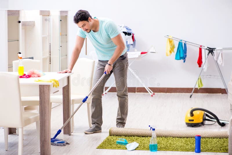 Young Attractive Man Husband Doing Mopping at Home Stock Image Image