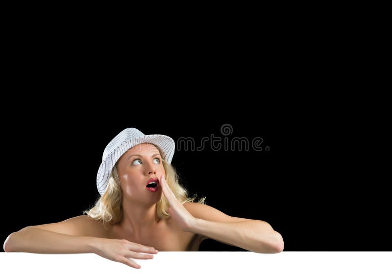 Young attractive woman in bikini holding banner stock images