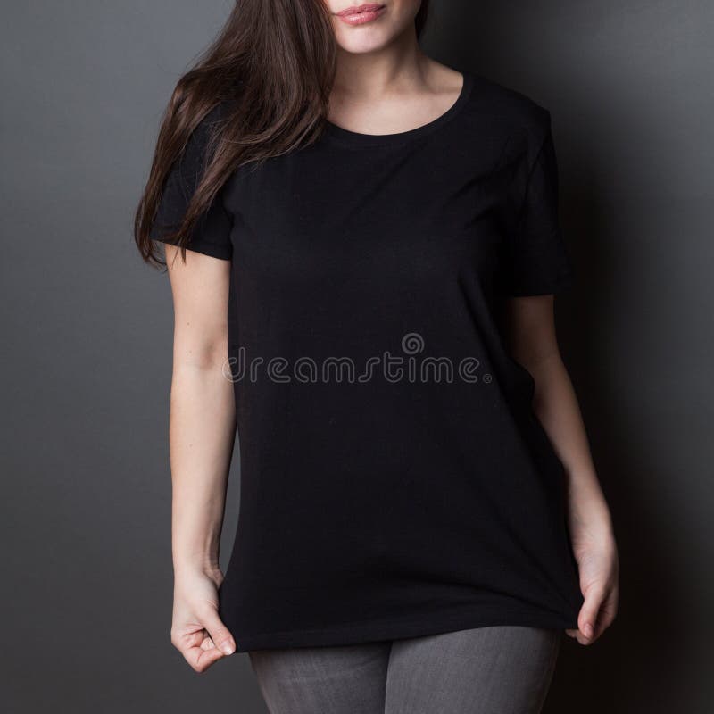 Young attractive woman in black t-shirt studio shot, mock up stock image