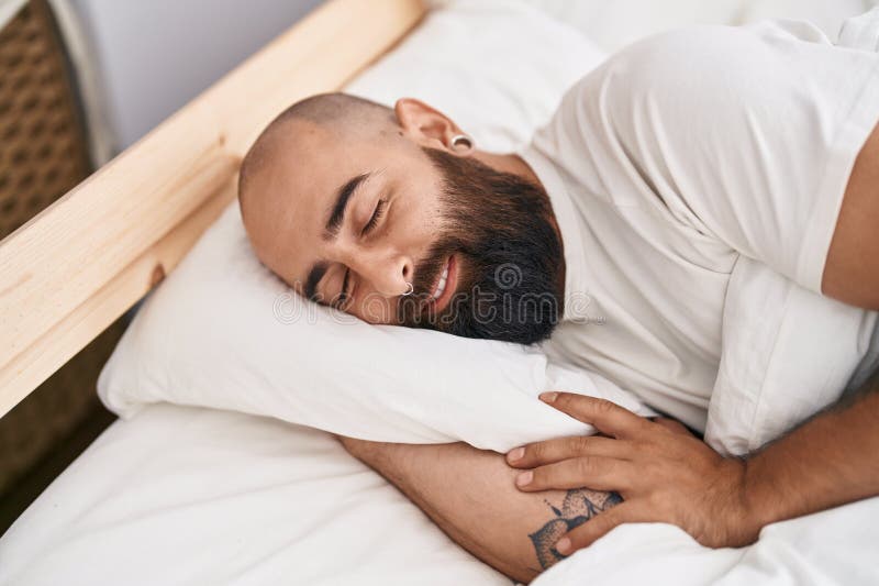 Young Bald Man Lying on Bed Sleeping at Bedroom Stock Image Image of