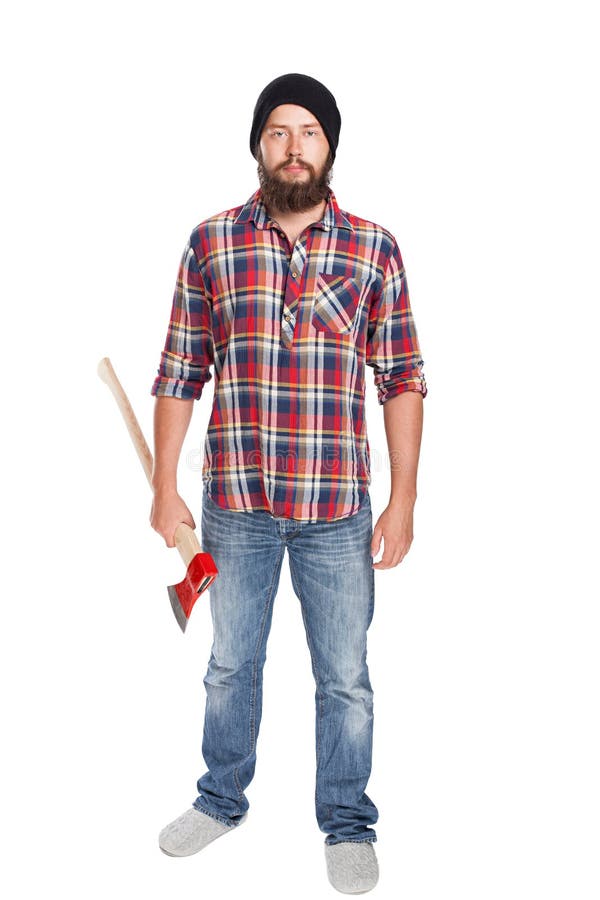 Young Bearded Lumberjack Posing with Ax Stock Photo - Image of ...