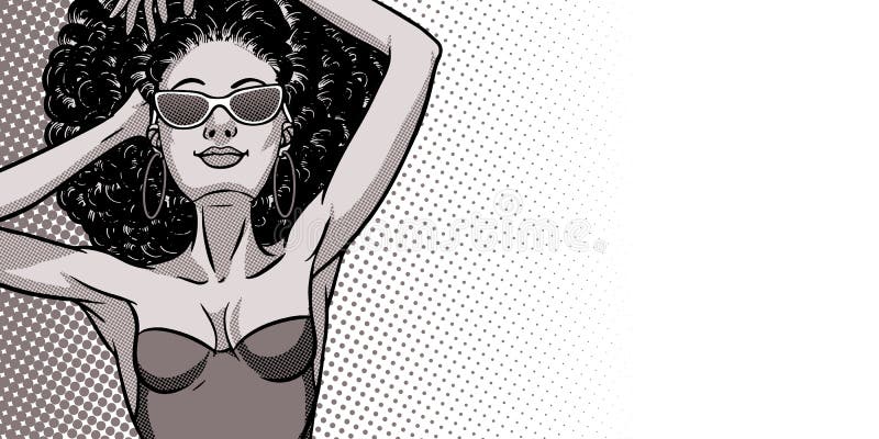 Young beautiful black woman in swimsuit. Beach girl, bikini, summer holidays. Glamour African American model. Vector comic