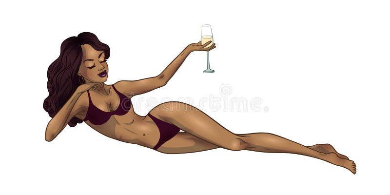 Young beautiful black woman in swimsuit holding a champagne glass. Summer holidays party girl. Glamour African American pin-up