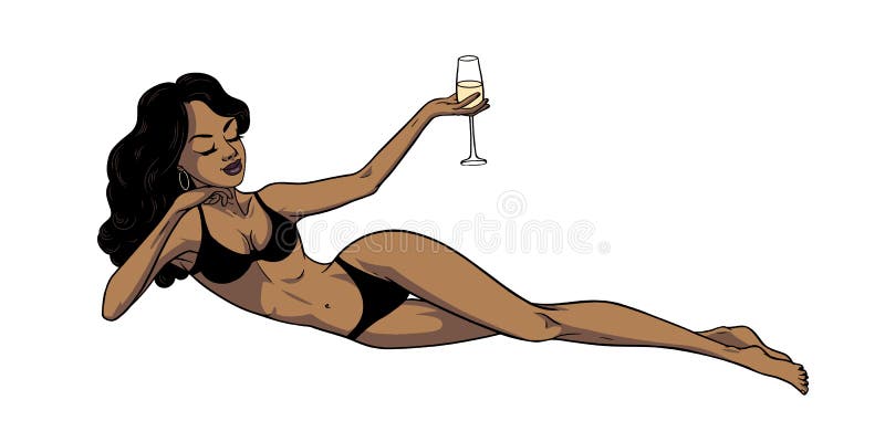 Young beautiful black woman in swimsuit holding a champagne glass. Summer holidays party. Glamour African American model. Vector