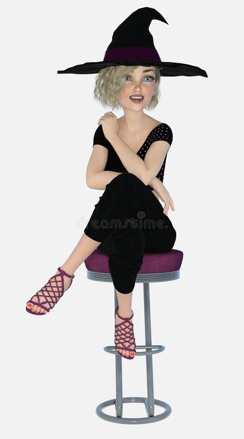 Young beautiful blond female witch sitting with her legs crossed on a tall bar stool on an isolated white background
