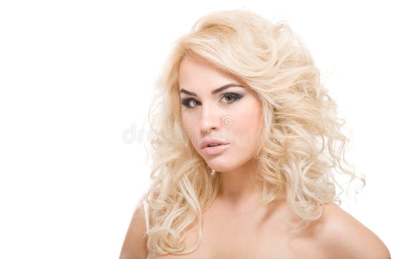 Young beautiful blond woman on white