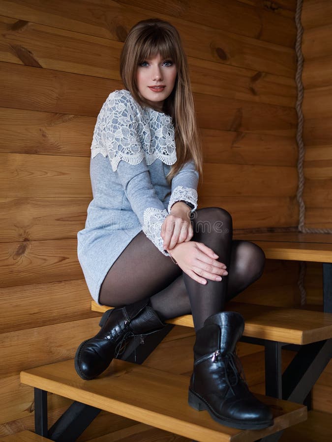Young Beautiful Blonde Woman Dressed Vintage Grey Lace Short Mini Dress  Black Tights Boots Sitting Posing on the Staircase in Loft Stock Photo -  Image of long, home: 170523524