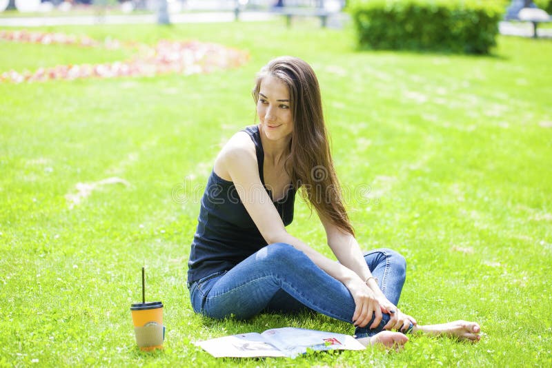 Young Beautiful Brown Haired Woman in Blue Jeans Stock Image - Image of ...