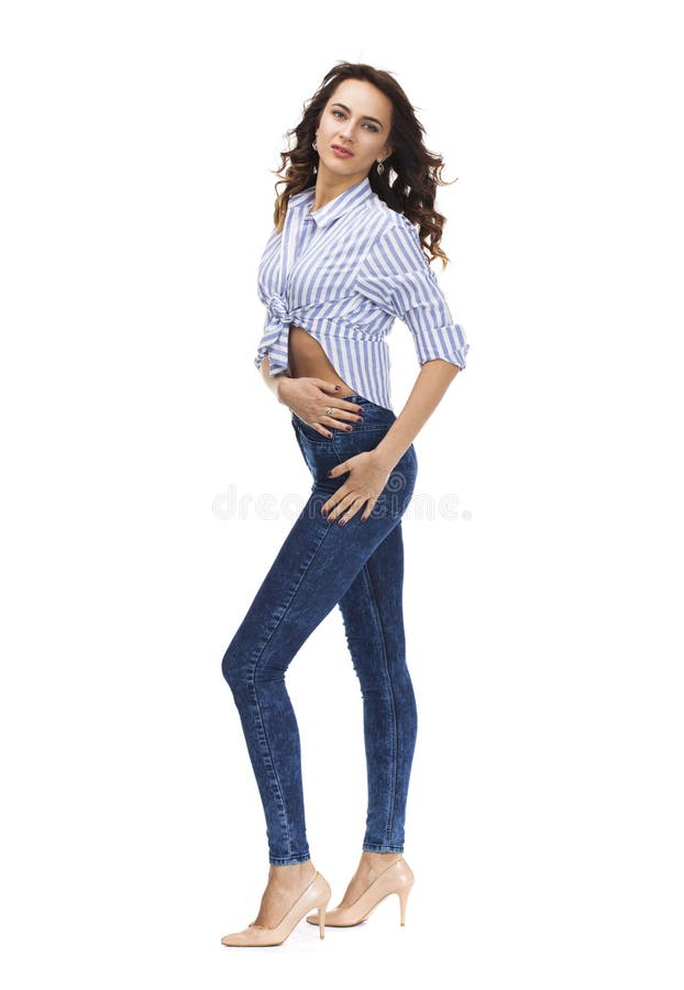 Young Beautiful Brunette Woman in Blue Jeans Stock Image - Image of ...