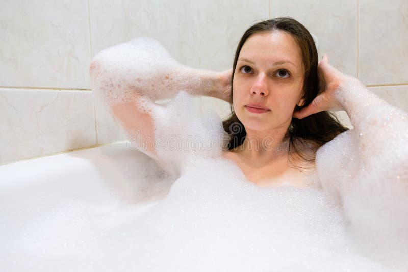 Young Beautiful Brunette Woman Takes Bubble Bath Stock Image Image Of